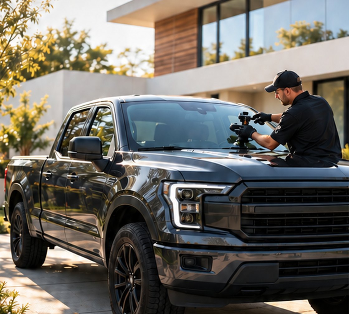 Technician installing a new windshield on a pickup truck in a customer's driveway